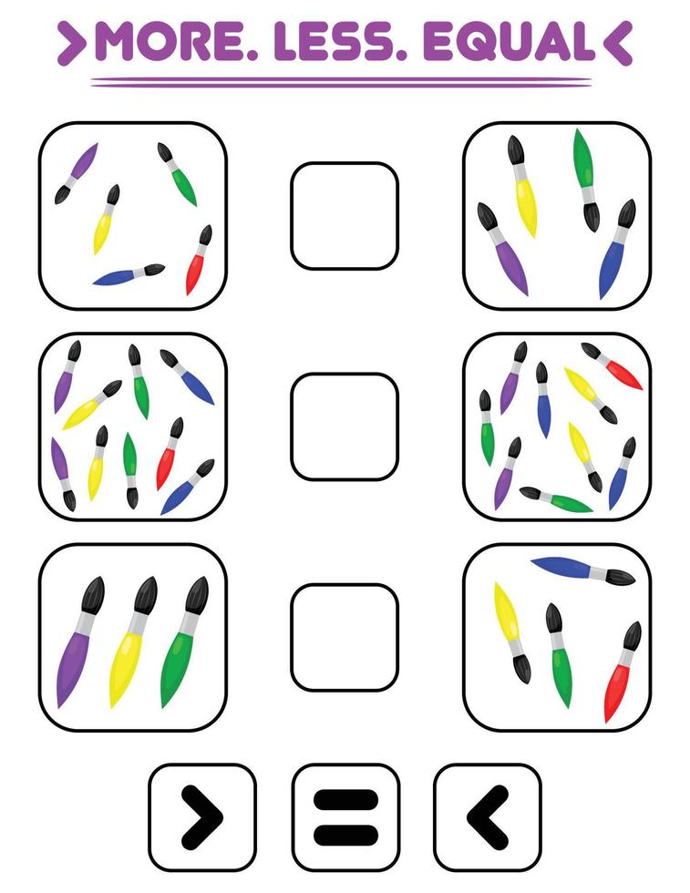 Compare the number of brushes. Write the sign more , less, equal. Teaching children. Education for kindergarten. vector