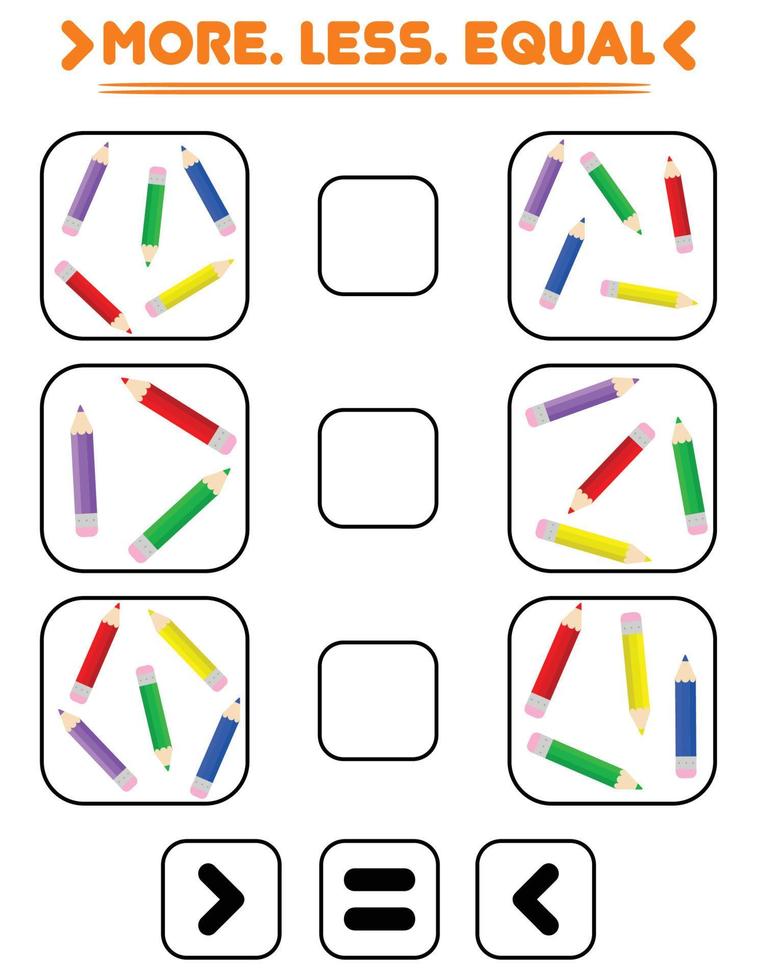 Compare the number of pencils. Write the sign more , less, equal. Teaching children. Education for kindergarten. vector