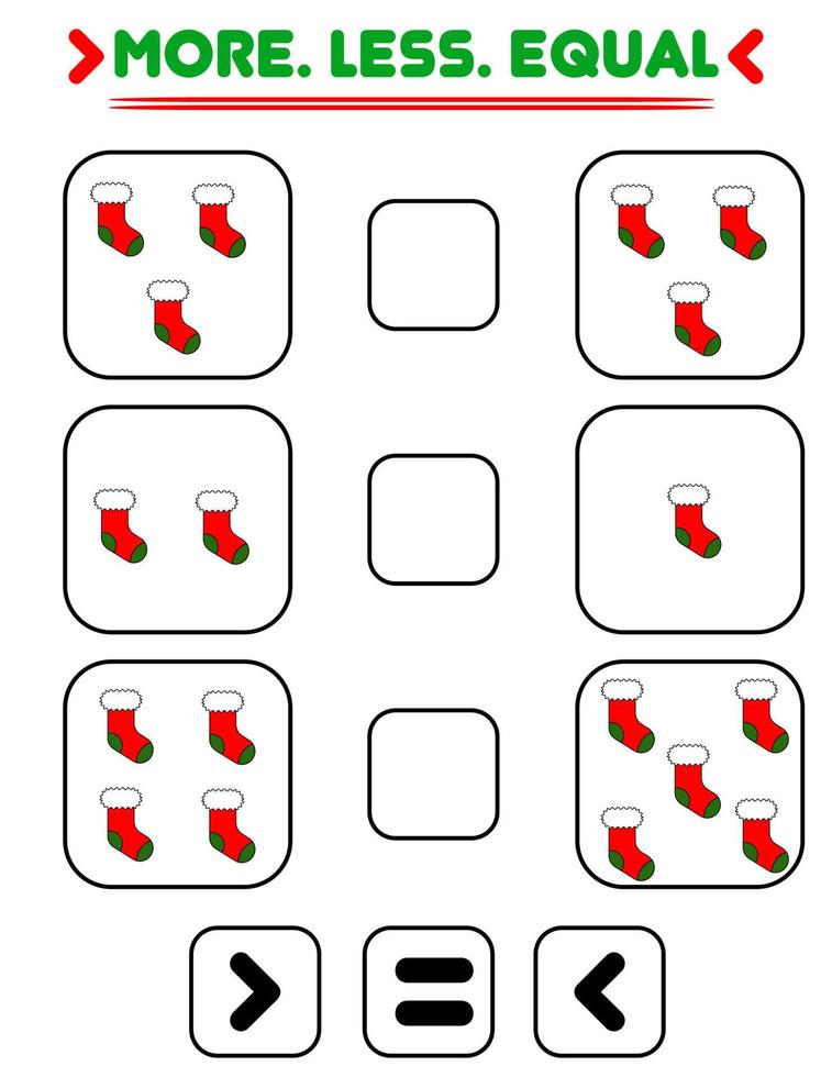 Compare the number of socks. Write the sign more , less, equal. Teaching children. Education for kindergarten. vector