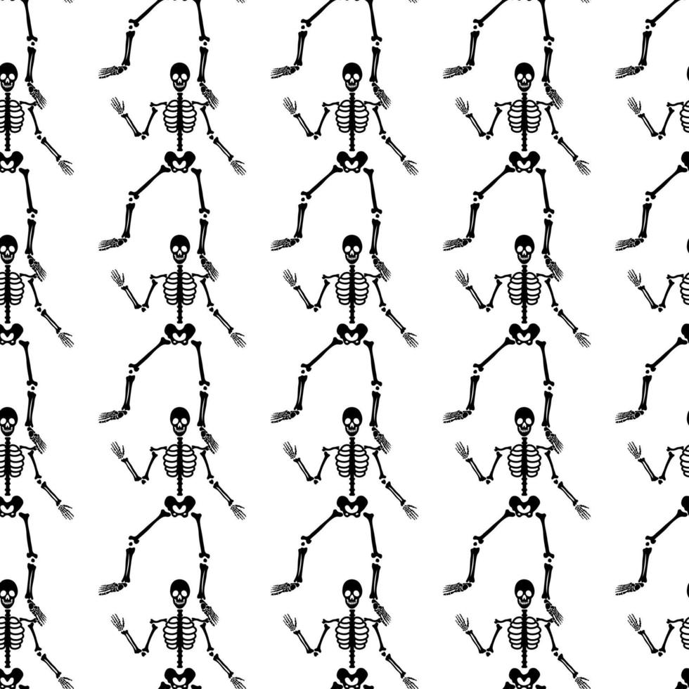 Black skeletons in various poses pattern. Halloween design. Perfect for fall, holidays, fabric, textile. Seamless repeat swatch. vector