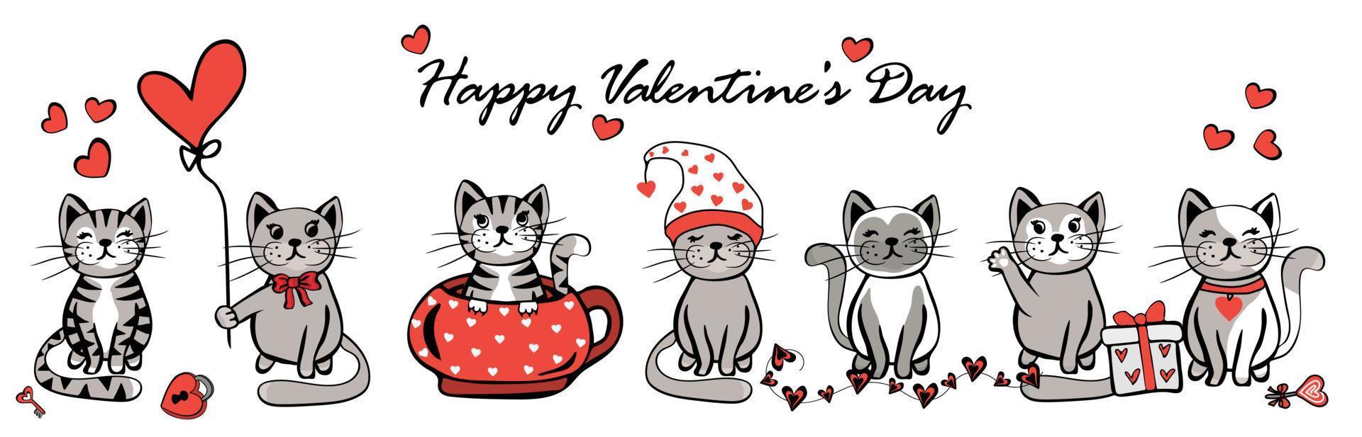 Set of cute cats for valentine day with cup, balloon and hearts vector