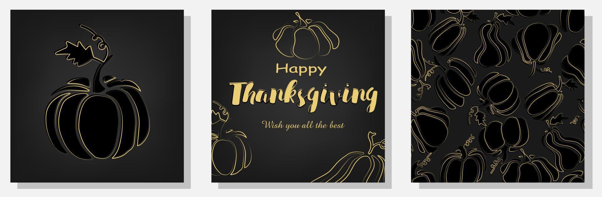 Happy Thanksgiving. Trendy abstract square templates with pumpkins in black and gold colors vector