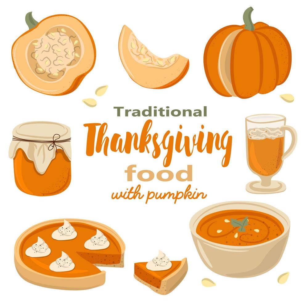Set of Traditional Thanksgiving food with pumpkin vector