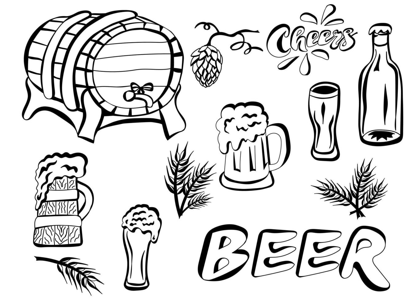 objetos dibujados a mano de cerveza establecidos para el diseño en estilo de fideos vector