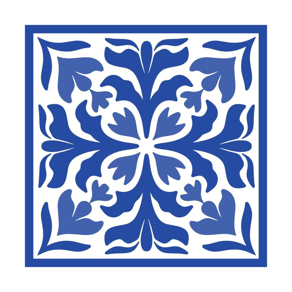 Vector Portuguese pottery tile with ceramic floral ornament. Vintage blue Portugal azulejo, Mexican talavera, Italian majolica, Arabesque motif or spanish ceramic Mosaic