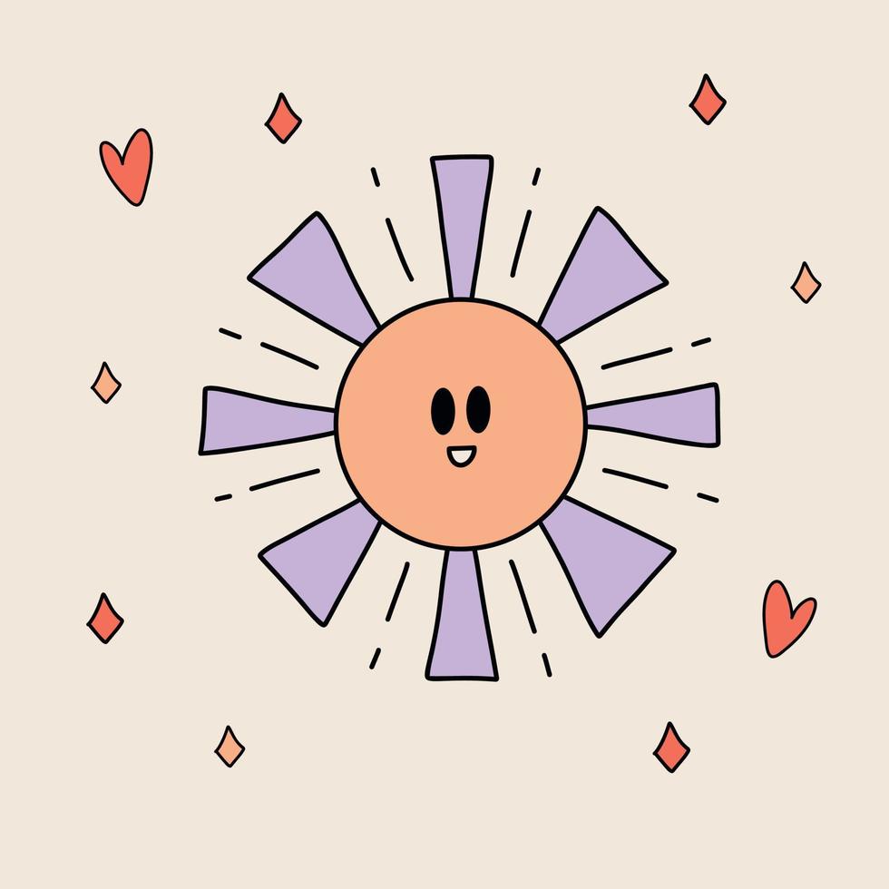 Funny retro Sticker of Groovy Sun with eyes. Vintage cartoon 60s - 70s psychedelic element. Isolated vector illustration