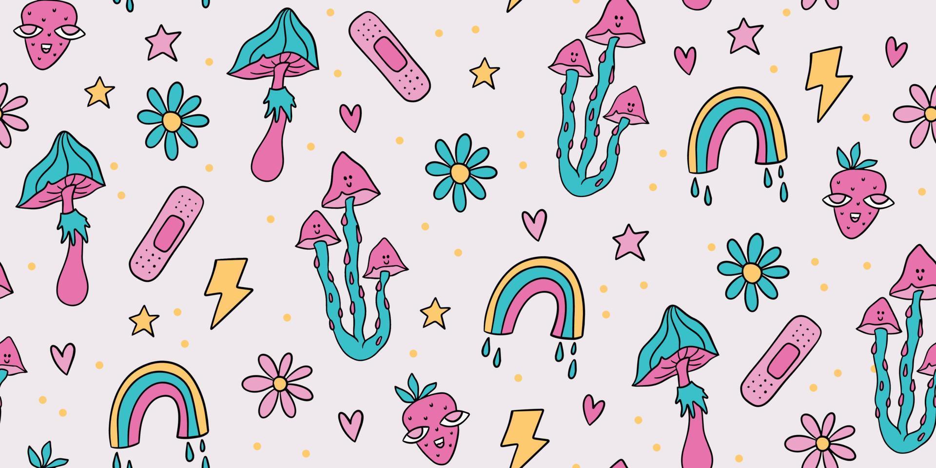 Funny retro Psychedelic Groovy seamless pattern. Vintage cartoon background with mushrooms, rainbow, lightning bolt, strawberry, stars, and hearts. Funky 60s - 70s elements vector