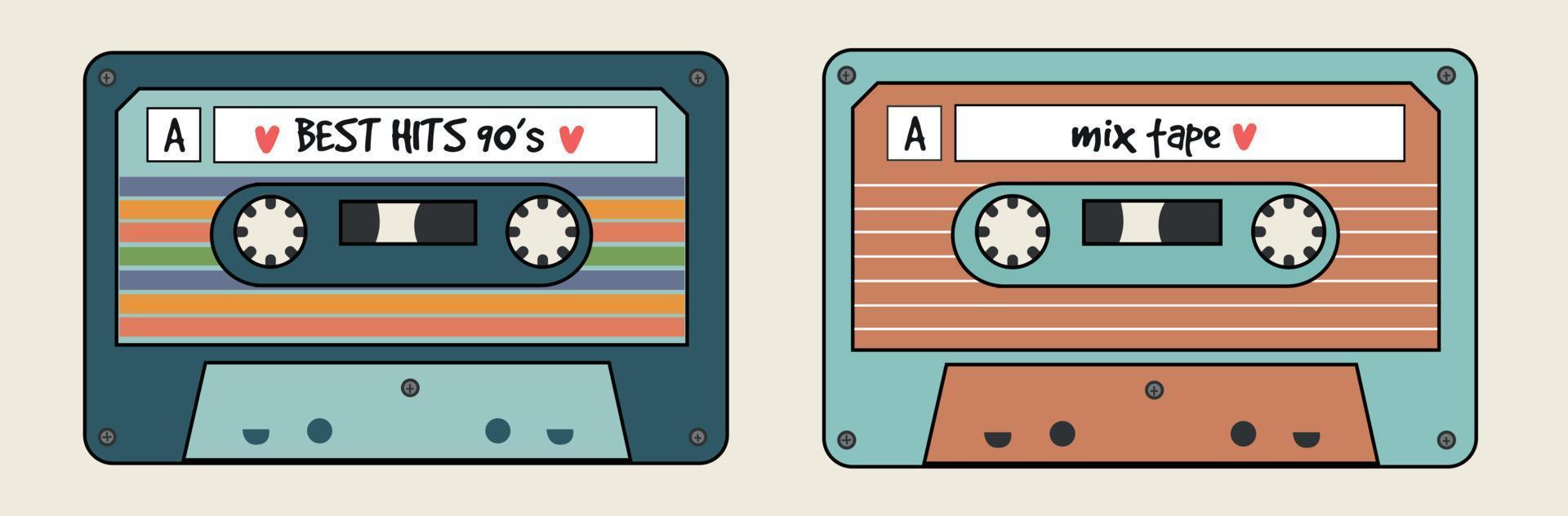 Retro hand drawn tape cassette. Vintage old 90s music elements vector