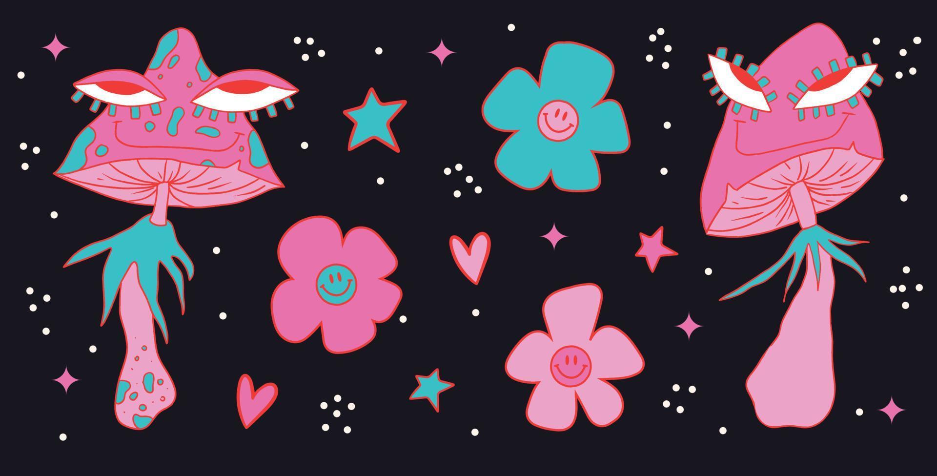 Neon cartoon psychedelic trippy mushrooms with eyes and daisy sticker set. 70s Hallucination hippie elements. Groovy vector illustration