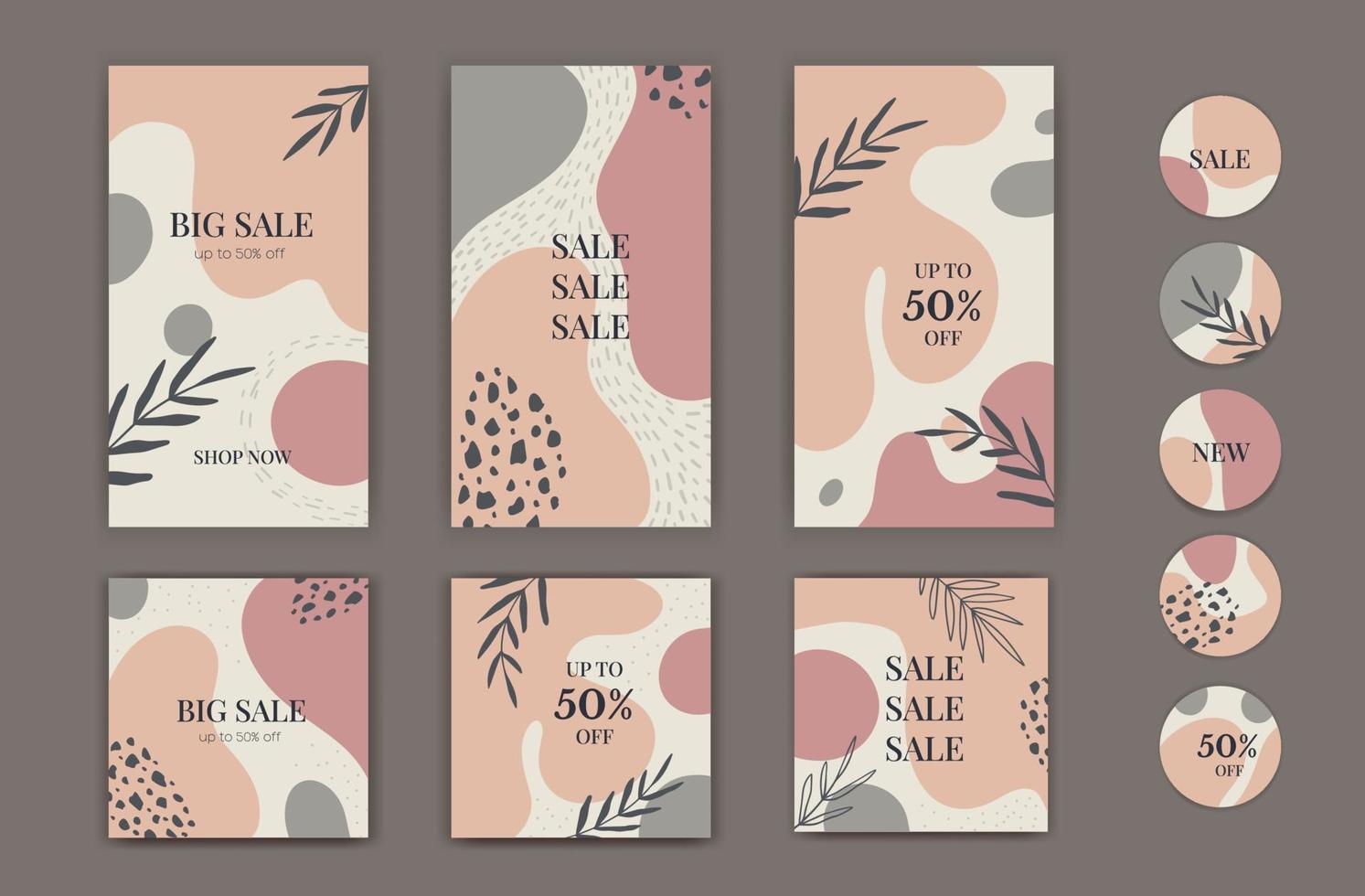Big Set of sale post social media pack template premium vector, organic design in pastel colors. Stylish social media posts, story and highlights. Editable templates with space for text vector