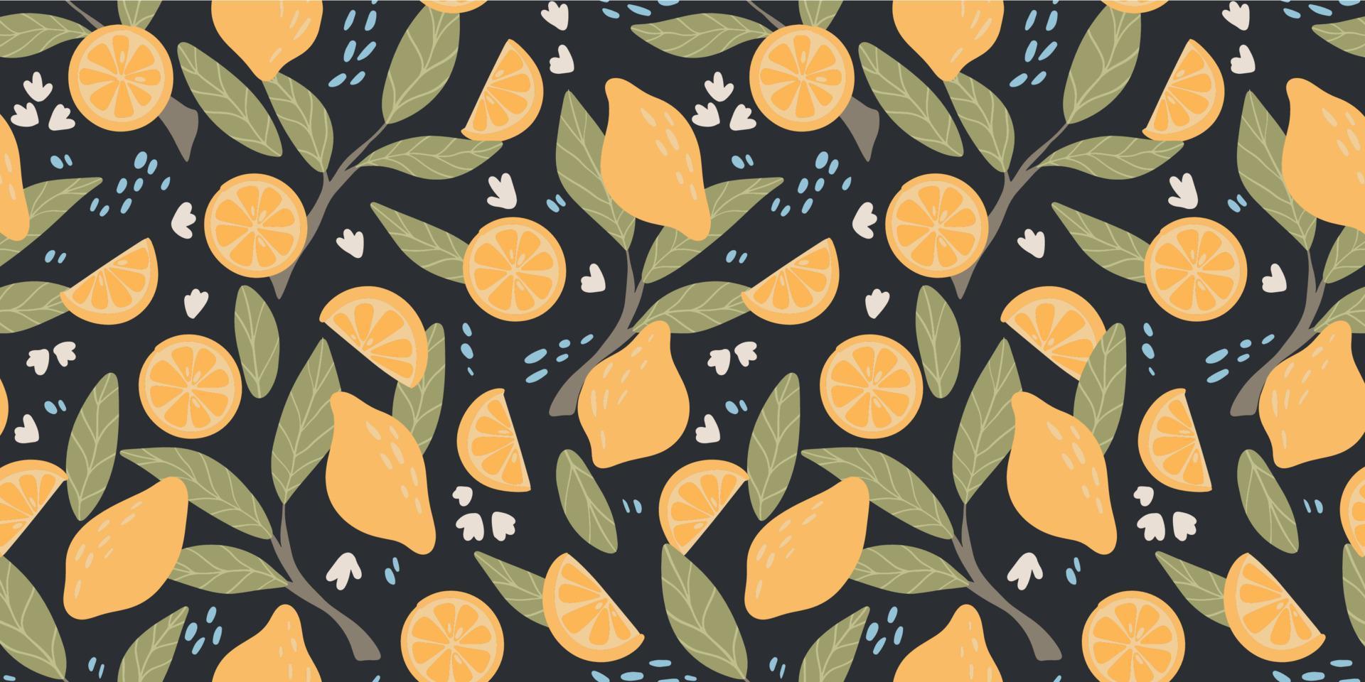 Summer tropical seamless pattern with fresh Lemons and flowers. Vector citrus fruits on black background. Modern exotic floral design for paper, cover, fabric, interior decor
