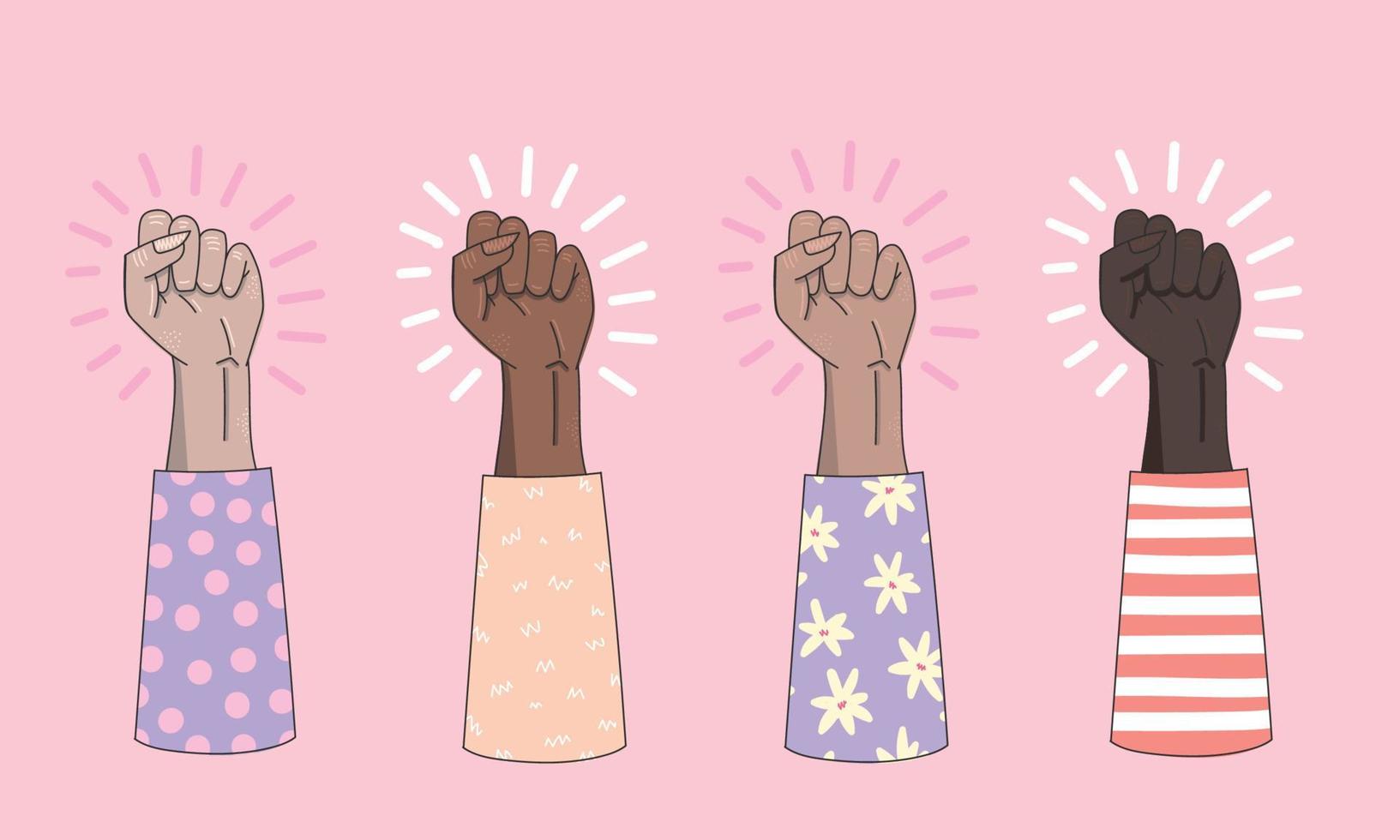 coloridos puños vectoriales de mujer con diferente color de piel. símbolo de poder y protesta. igualdad racial, diversidad, ilustración de tolerancia. estilo de diseño plano. se puede utilizar para fondos, impresiones, carteles vector