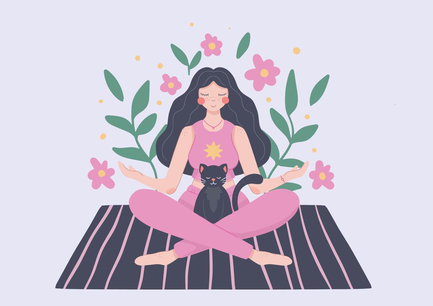 Flat hand drawn Meditating woman and cat sitting in lotus pose with closed eyes. Yoga Practice and self care at home concept. Vector illustration isolated on white background