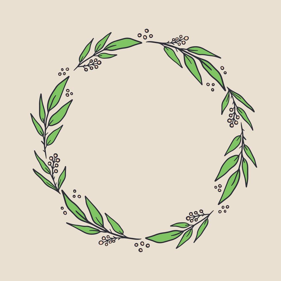 Vector hand drawn Floral Wreath isolated on white background. Vintage Leaves Circular frame with space for text