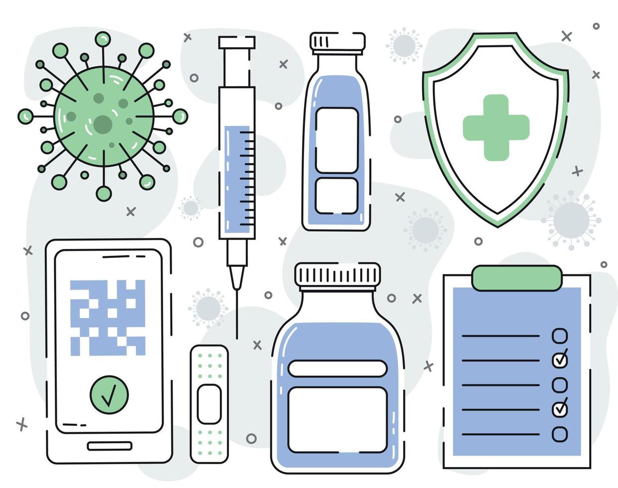 Vaccine line icons set. Included icons such as vaccination, vaccinator, vaccine, certificate, COVID-19, syringe and more vector