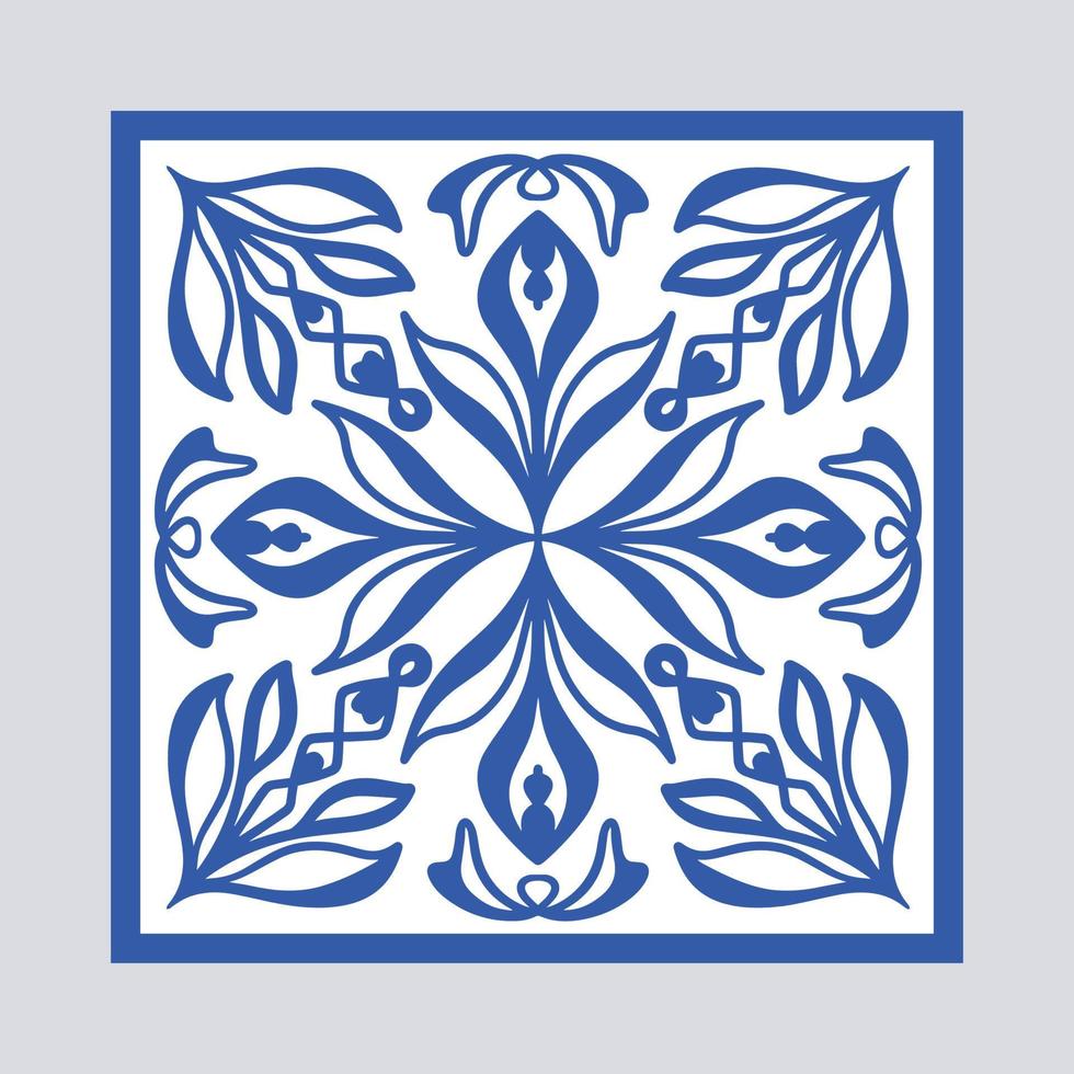 Vector Portuguese pottery tile with ceramic floral ornament. Vintage blue Portugal azulejo, Mexican talavera, Italian majolica, Arabesque motif or spanish ceramic Mosaic