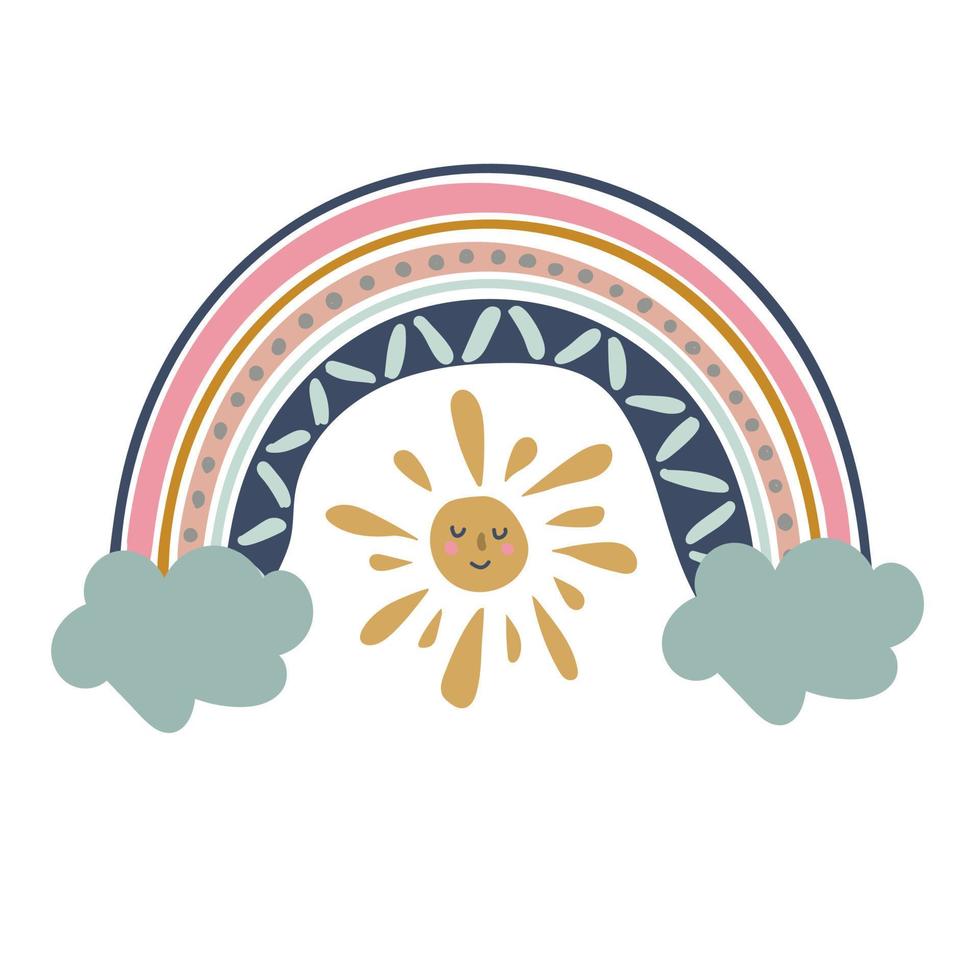 Rainbow illustration with clouds and sun for babies vector