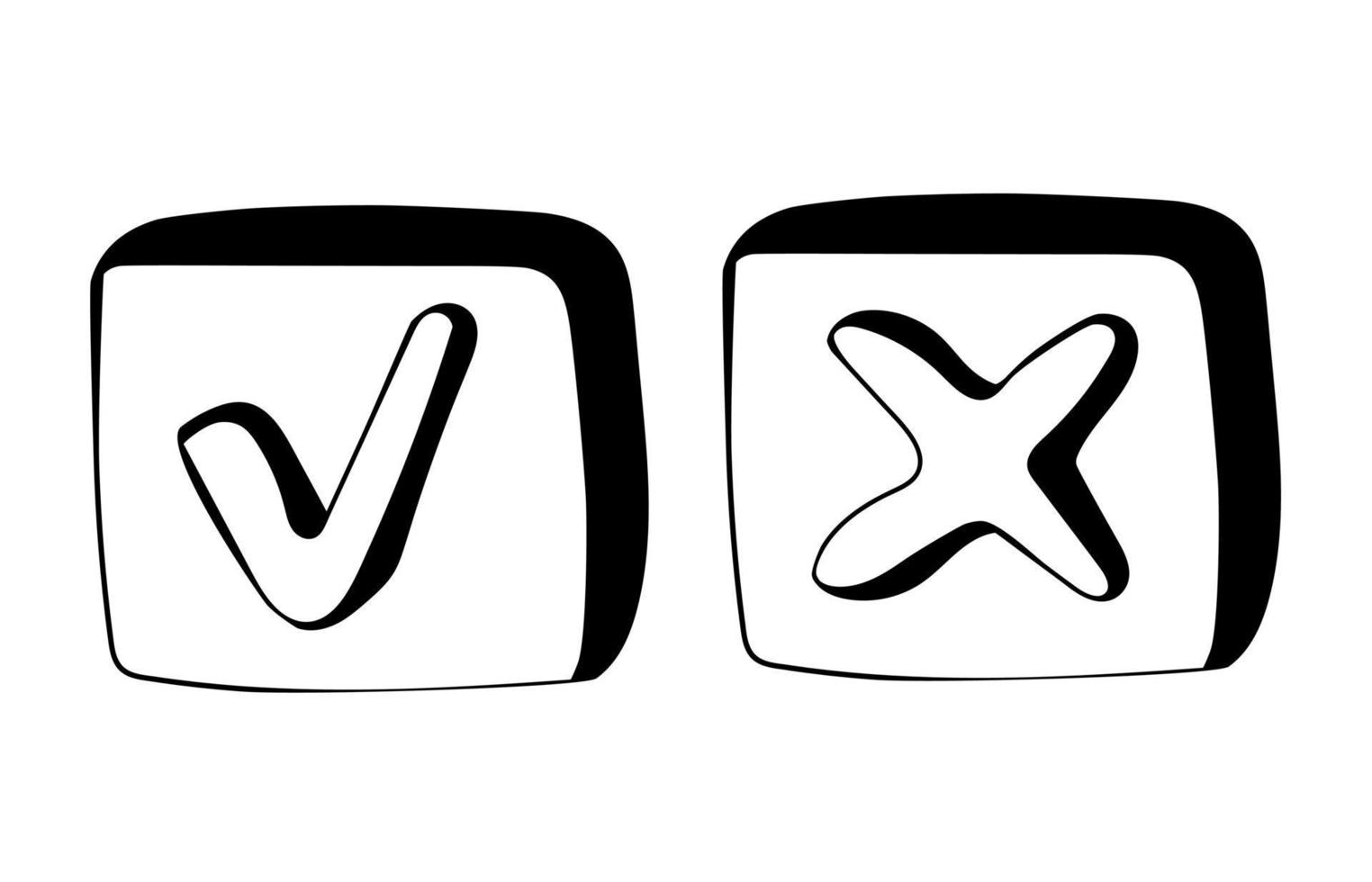 Hand drawn Check mark and cross signs in doodle style. vector