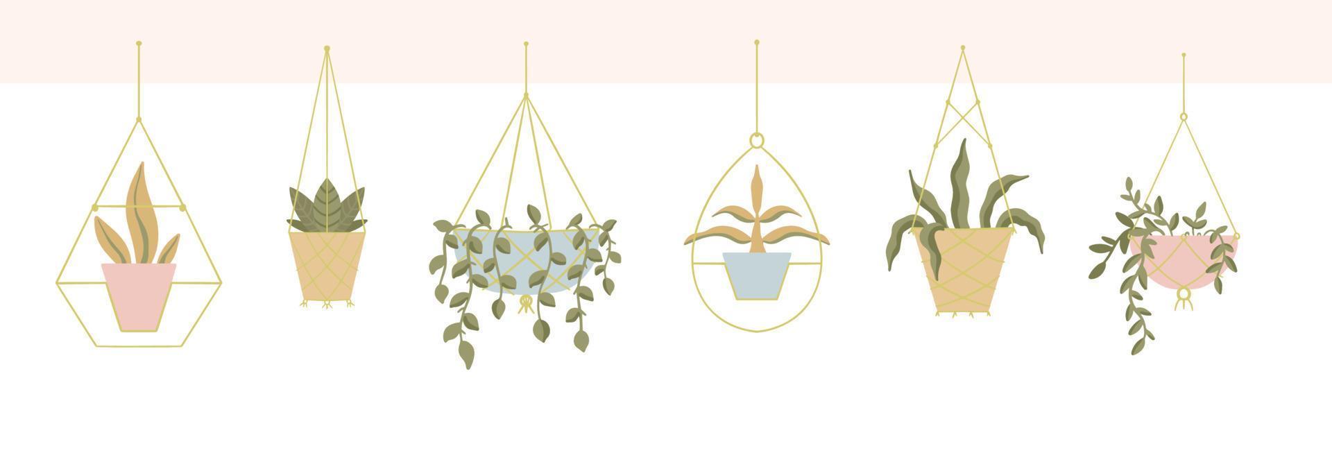 juego de perchas caseras de macramé para plantas en maceta. planta de interior dibujada a mano de moda en maceta. ilustración vectorial aislada sobre fondo blanco vector