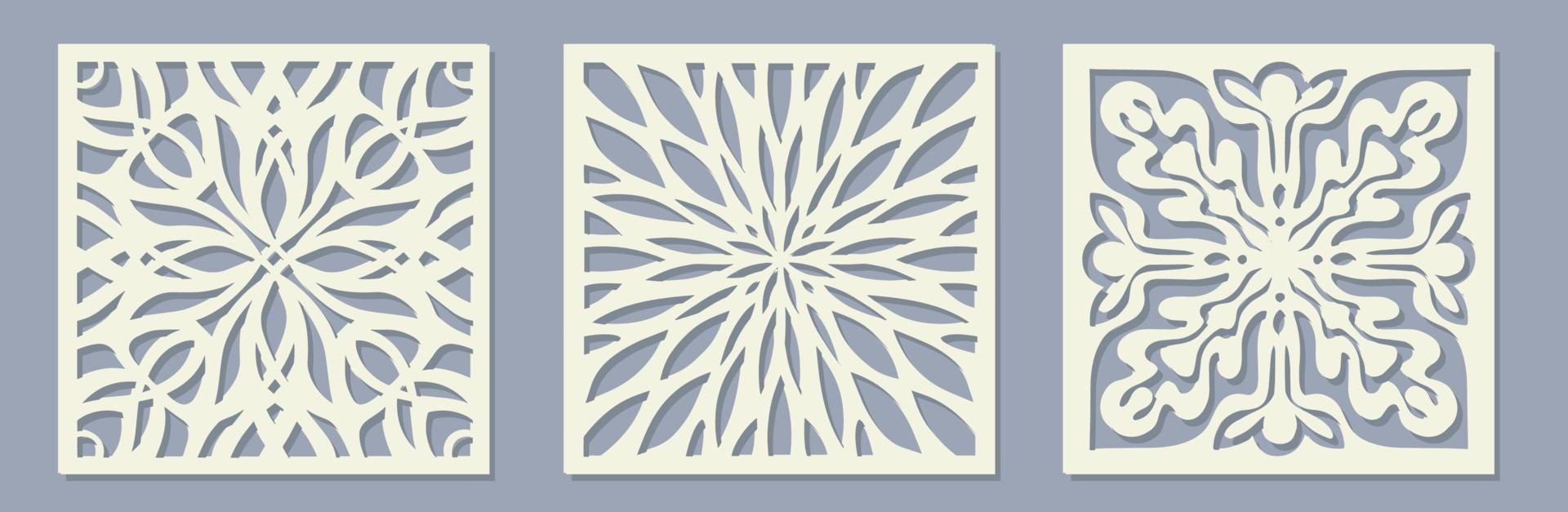Vector Laser cut square panel set with vintage baroque pattern. Ornamental templates collection for wedding invitation or greeting card. Cabinet fretwork screen. Metal design, wood carving
