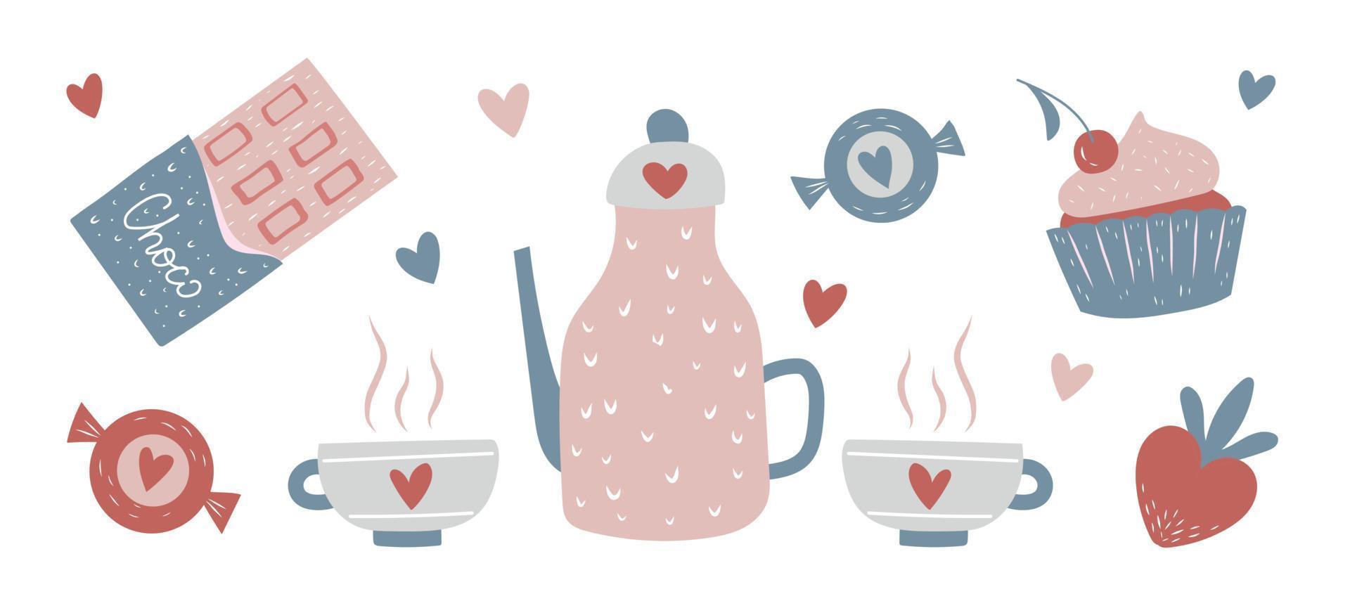 Hand drawn hot Tea or Coffee and chocolate, cupcake and sweets. Doodle set of Romantic date elements vector