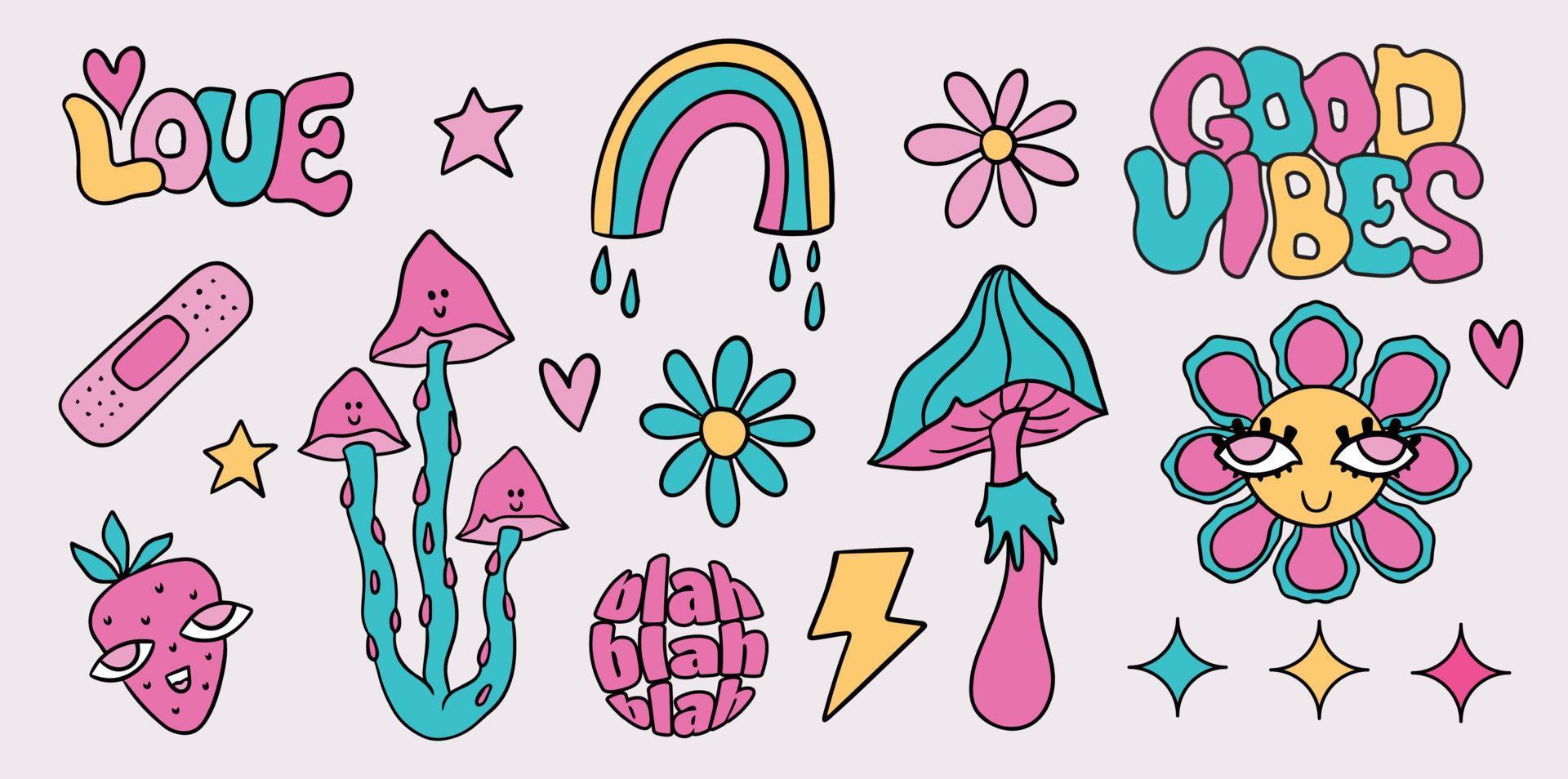 Neon cartoon psychedelic trippy mushrooms with eyes and daisy sticker set. 70s Hallucination hippie elements. Groovy vector illustration