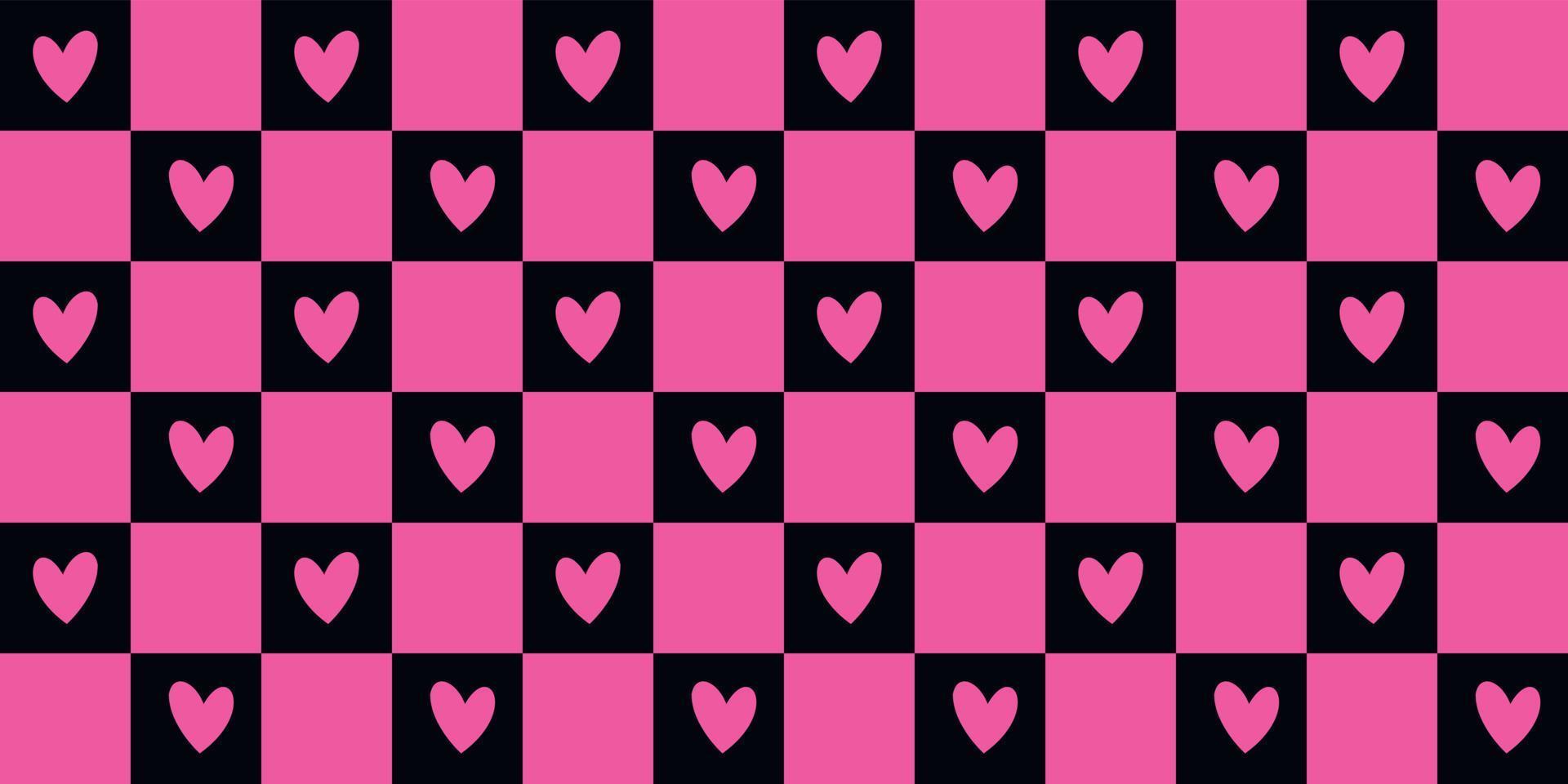 Emo and Goth checkered seamless patterns with hearts. 2000s black and pink background. Retro 90s, 00s aesthetic vector