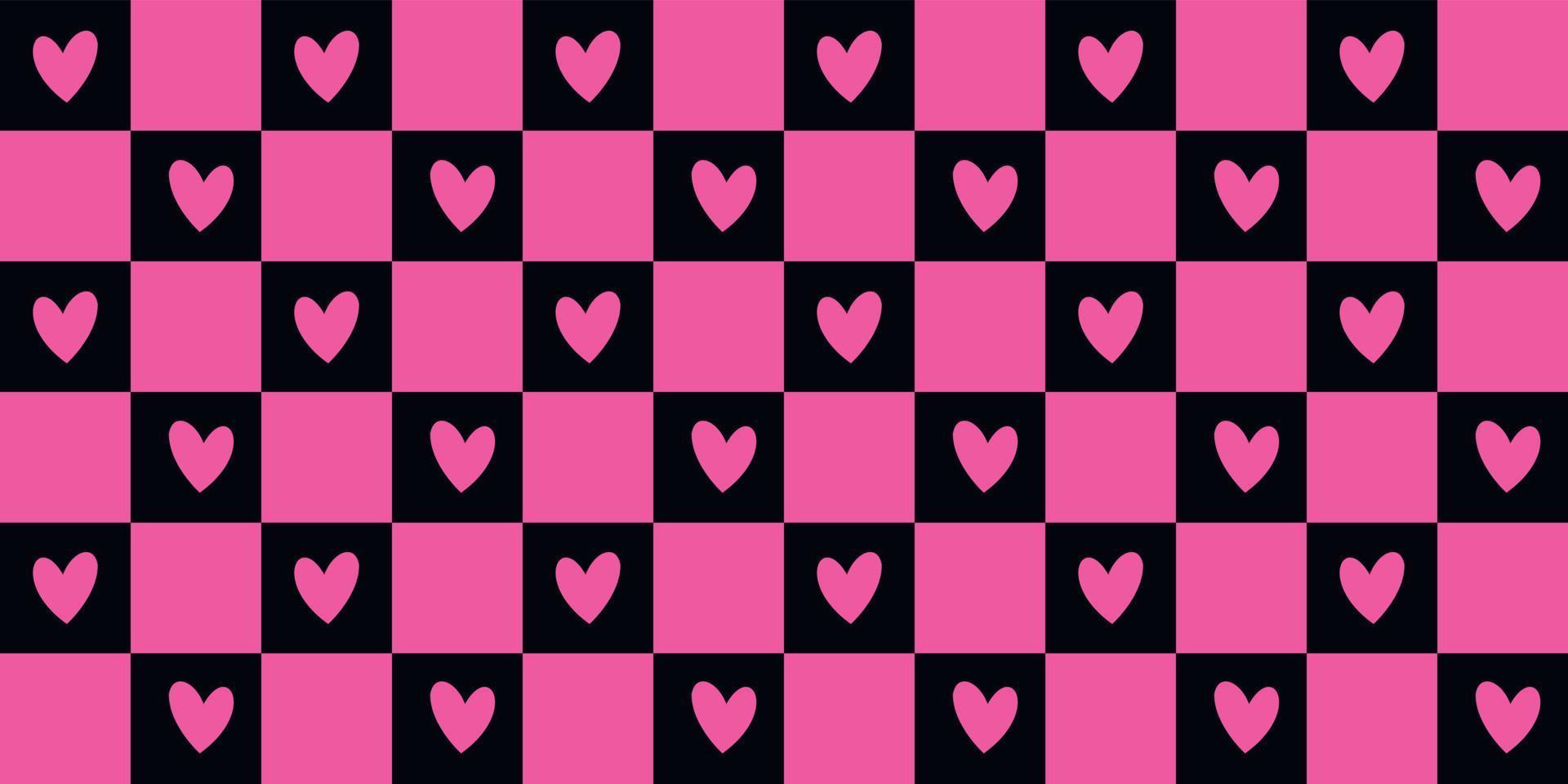 Emo and Goth checkered seamless patterns with hearts. 2000s black and pink background. Retro 90s, 00s aesthetic vector