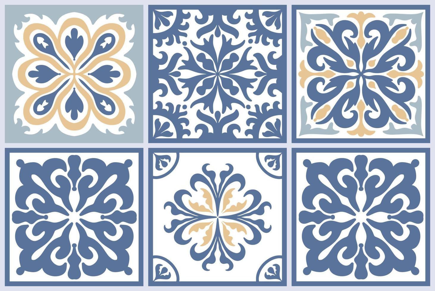 Set of Seamless Moroccan mosaic Tile with colorful Patchwork. Vintage blue Portugal azulejo, Mexican talavera, Italian majolica Ornament, Arabesque motif or spanish ceramic Mosaic vector