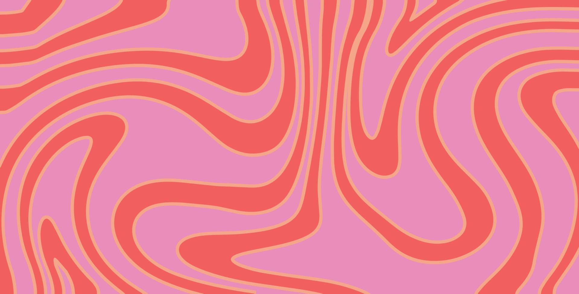 Wavy Swirl Groovy Pattern on red and pink colors. Seventies Style, Hippie Background, Psychedelic wave Wallpaper. Hand Drawn flat Vector Illustration