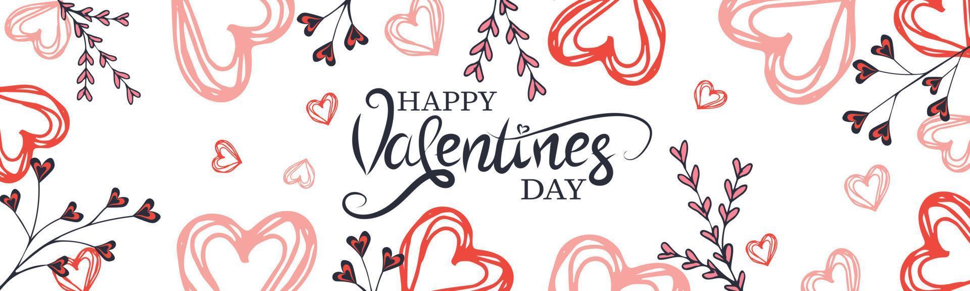 Happy Valentines day banner. Trendy design with typography, hand painted floral twigs and hearts vector