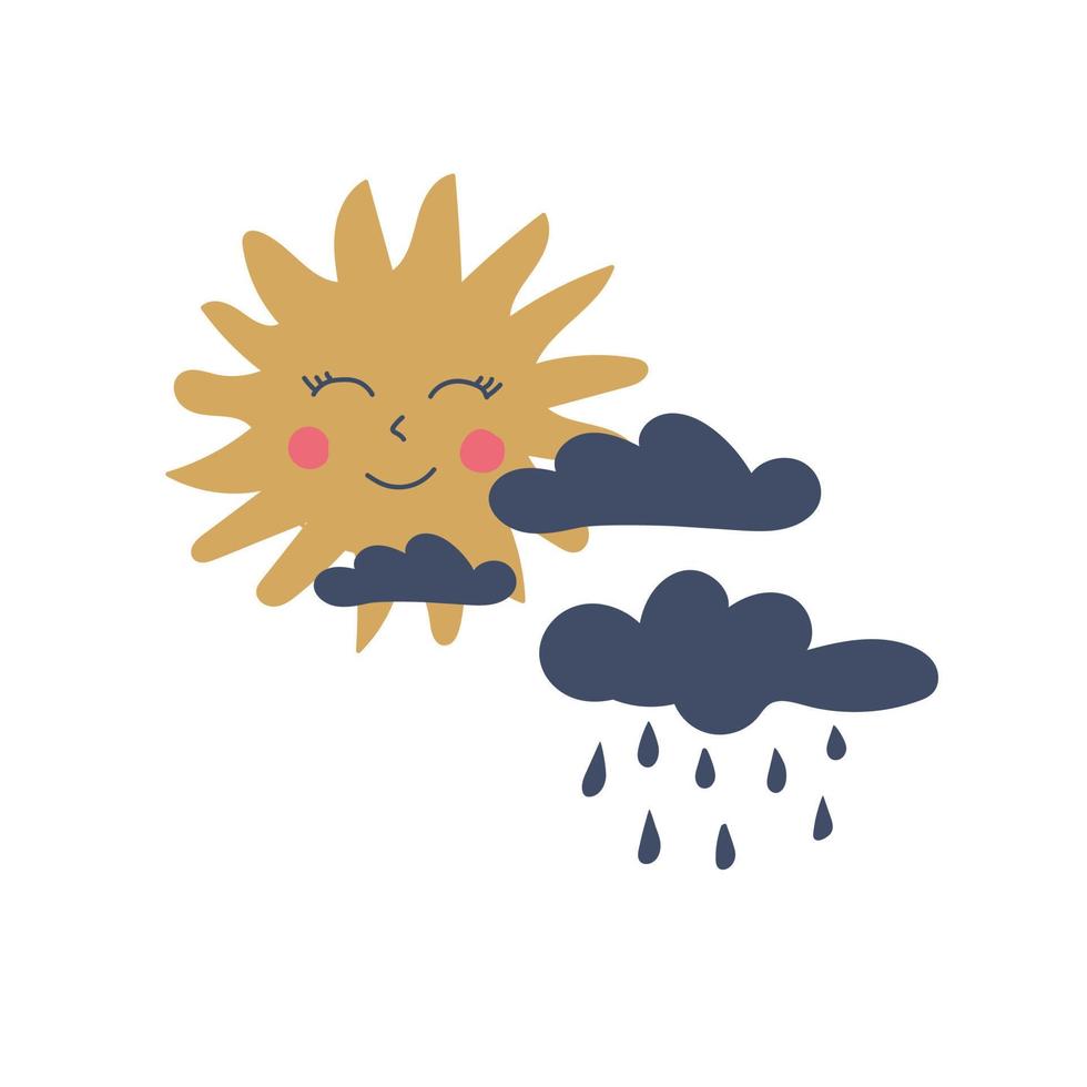 sol y nubes dibujados a mano con lluvia para bebés vector