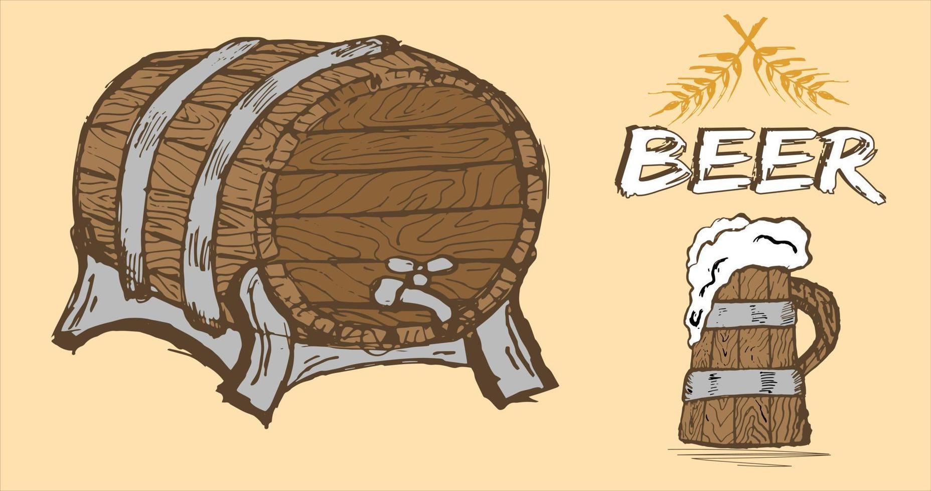 Hand drawen barrel of beer and glass vector