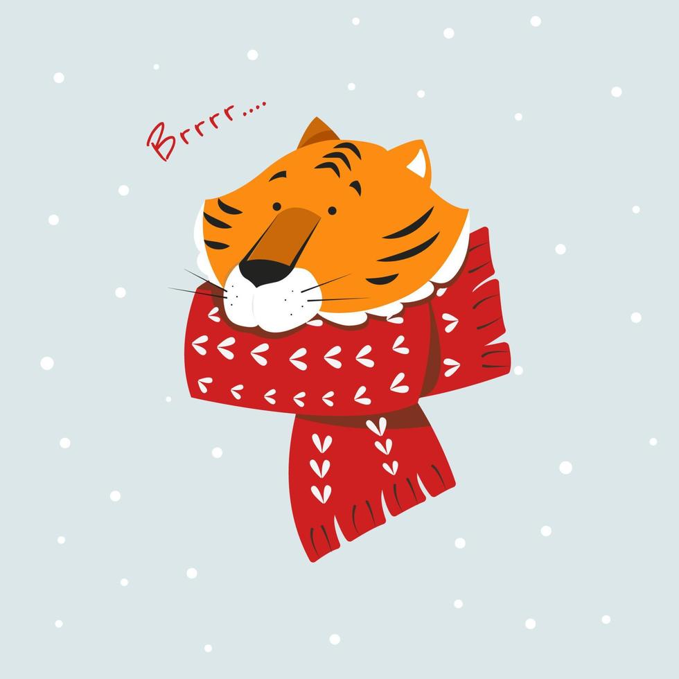 lindo tigre de año nuevo en una bufanda. diseño de tarjetas de celebraciones con linda ilustración de tigre. Feliz navidad y próspero año nuevo. felices vacaciones. vector