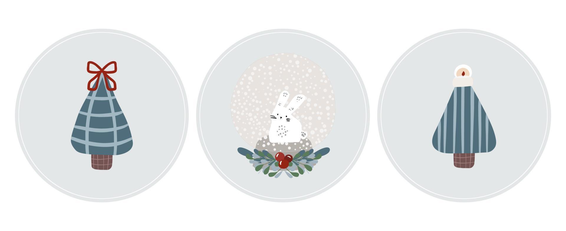 New Year's cute hare in a scarf and a Christmas tree. For stickers, postcards and posters. Happy Holidays. vector