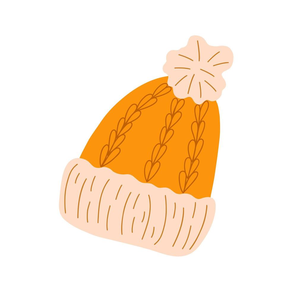 sombrero de punto cálido con pompón para el clima frío, ilustración vectorial de estilo plano de caricatura simple dibujada a mano, sombreros femeninos de moda, accesorio de invierno para Navidad, decoración de celebración de vacaciones de año nuevo vector