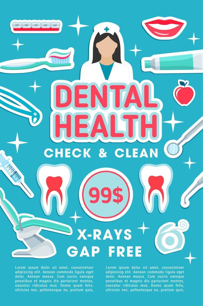 cartel de vector de chequeo y tratamiento de clínica dental