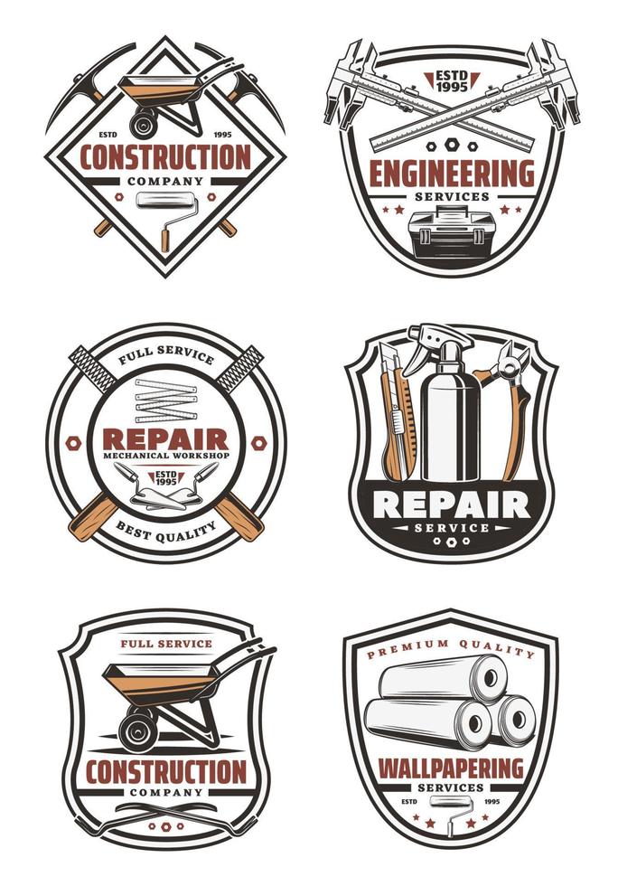 Construction company retro badge with repair tool vector