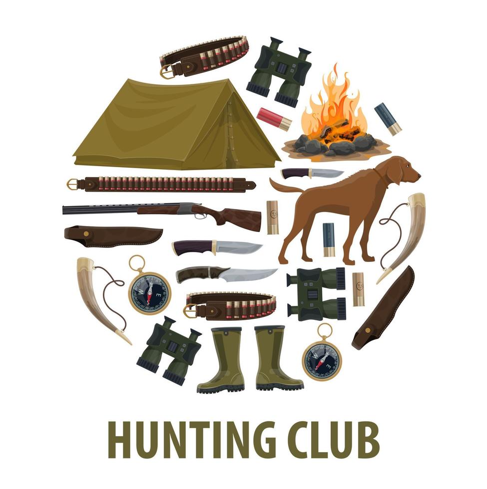 Hunting club poster of hunter weapon and equipment vector