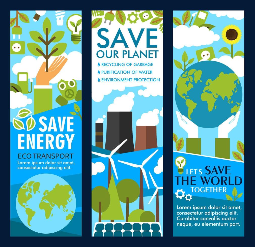 banners de estilo de vida de ahorro de energía o planeta ecológico vector