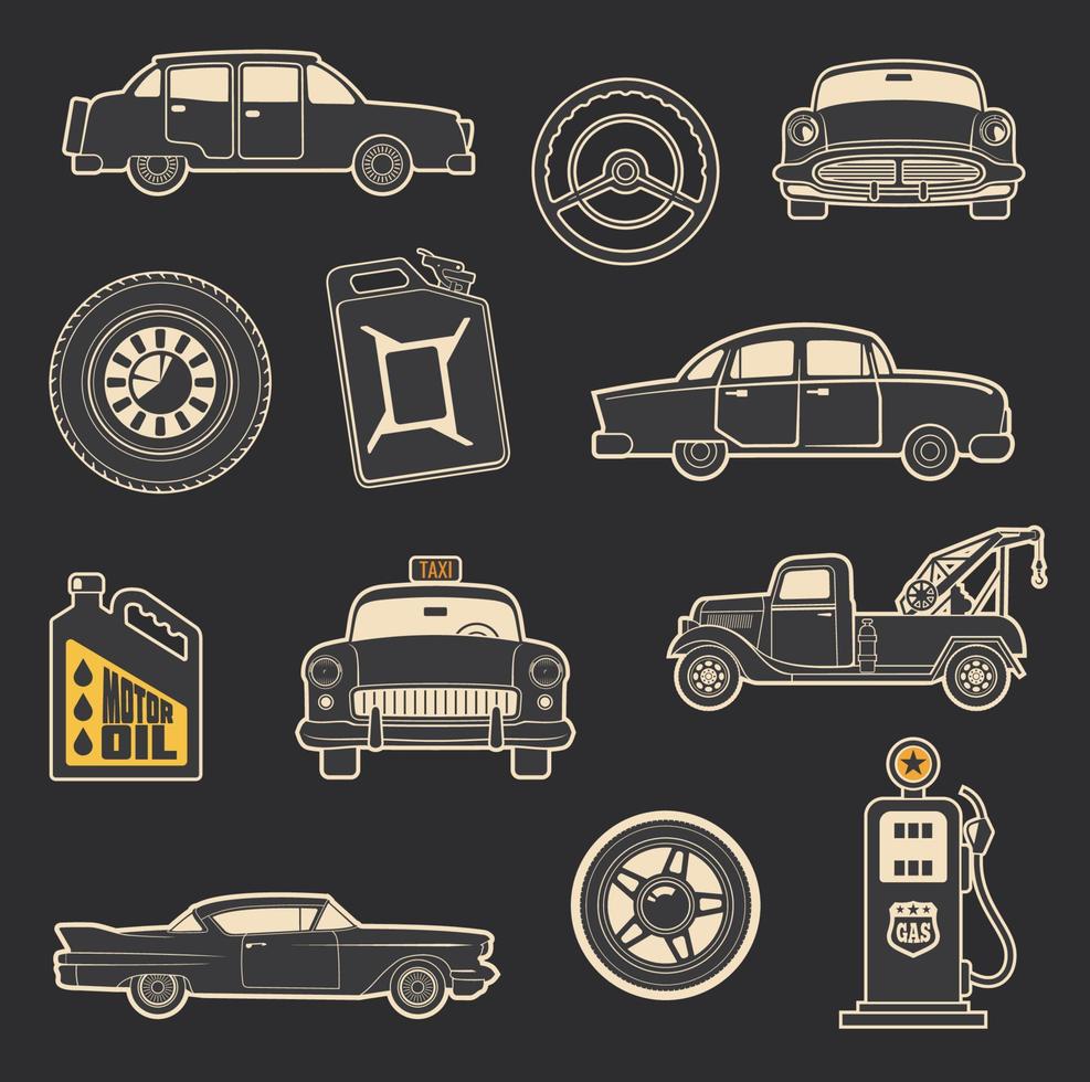 Transportation, vehicle and service vintage icons vector
