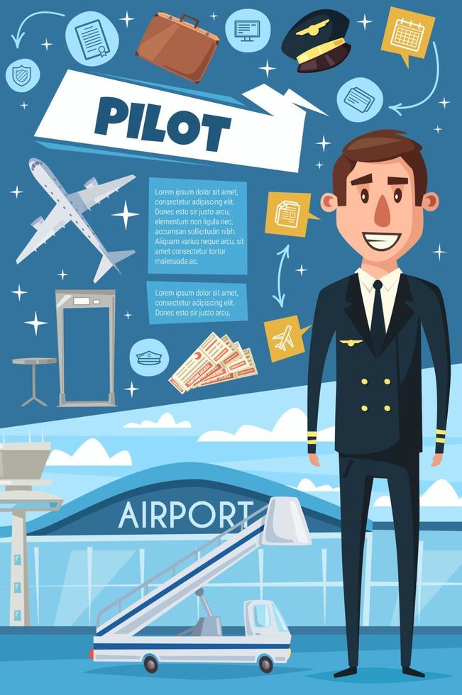 Airline, pilot of airplane and airport vector