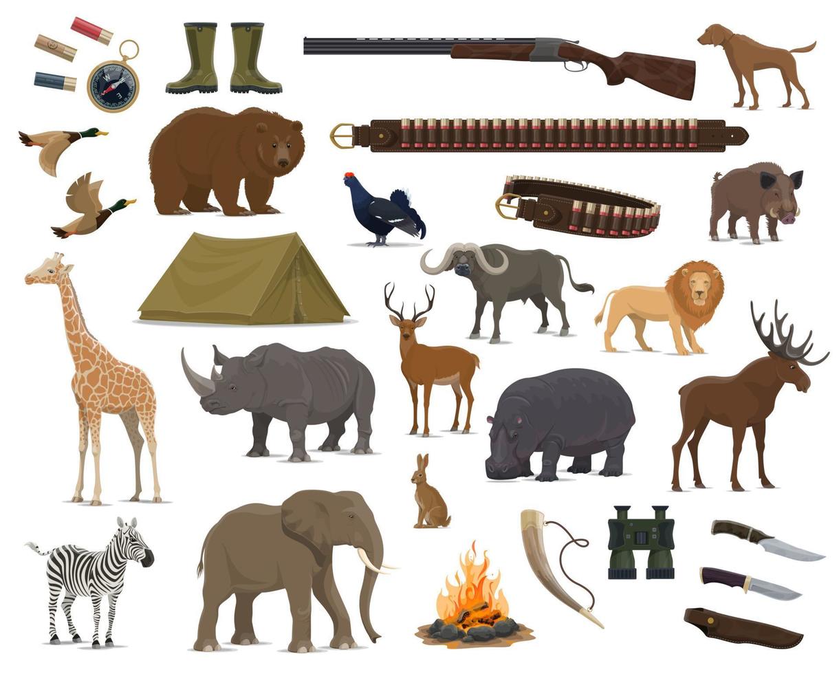 Hunting sport weapon, wild animals and bird icons vector