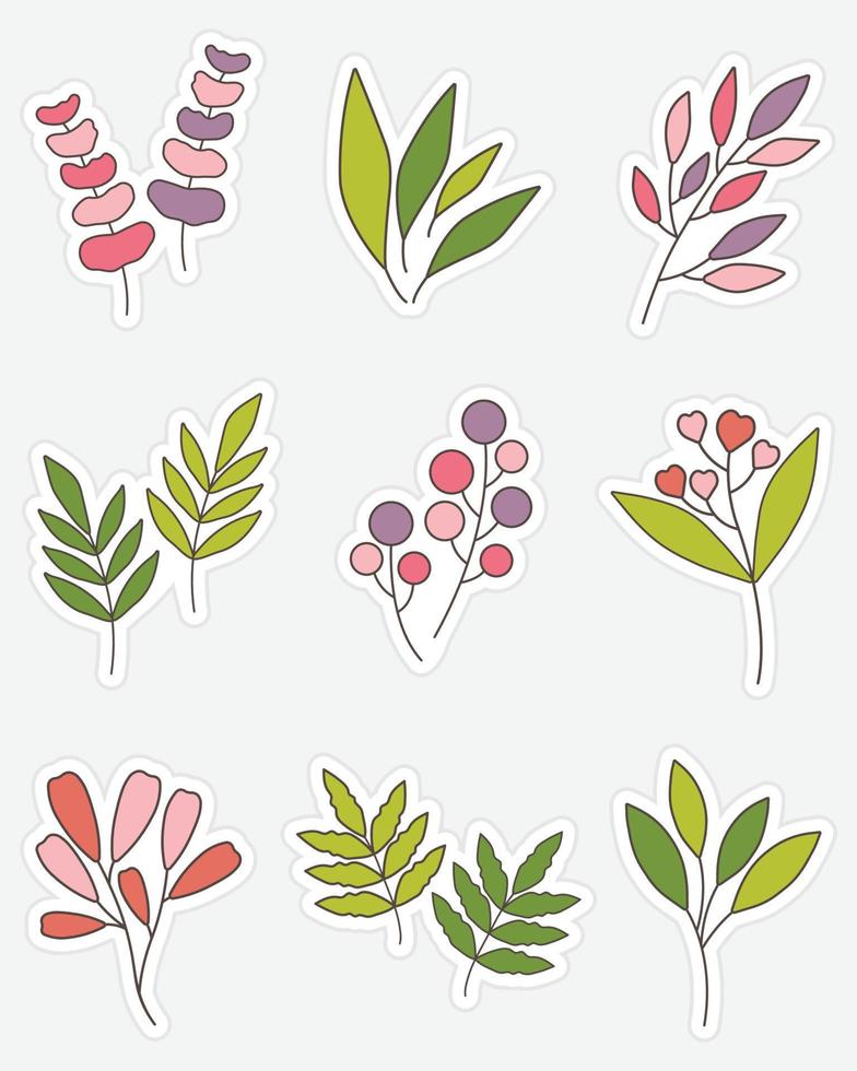 Collection of minimal leaf stickers. Bullet journal stickers, planner, scrapbook stickers design. vector