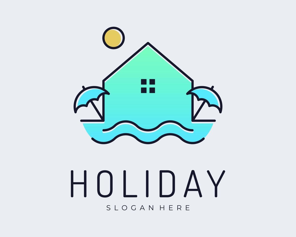 Swimming Pool Vacation Holiday Home Resort House Poolside Lounge Relax Summer Vector Logo Design