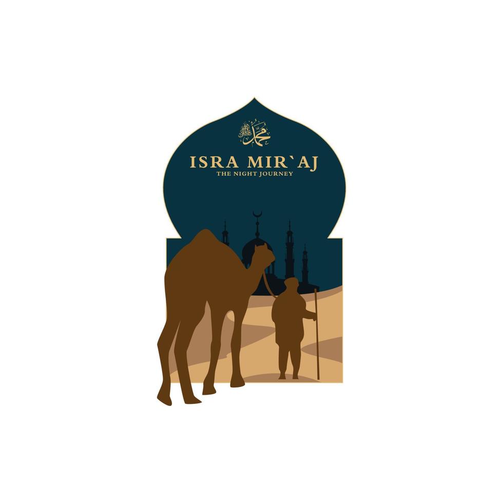 isra miraj,con desierto y camellos,mezquita,islámica,diseño de tarjeta de felicitación de ilustración de vector de logotipo