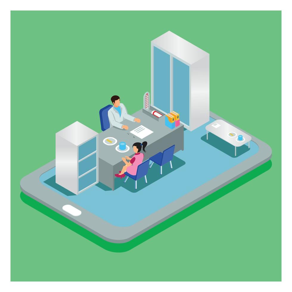 Health technology and medical advice, isometric health services. Poor health care for web banners, infographics, hero pictures. Illustration of a flat, isometric vector isolated on a green background.