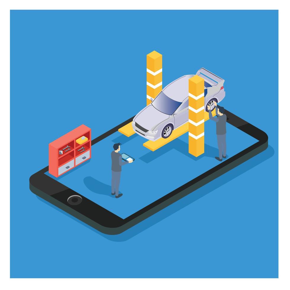 Concepto de reparación de automóviles isométricos 3d. servicio automático en línea. ilustración isométrica vectorial adecuada para diagramas, infografías y otros activos gráficos vector