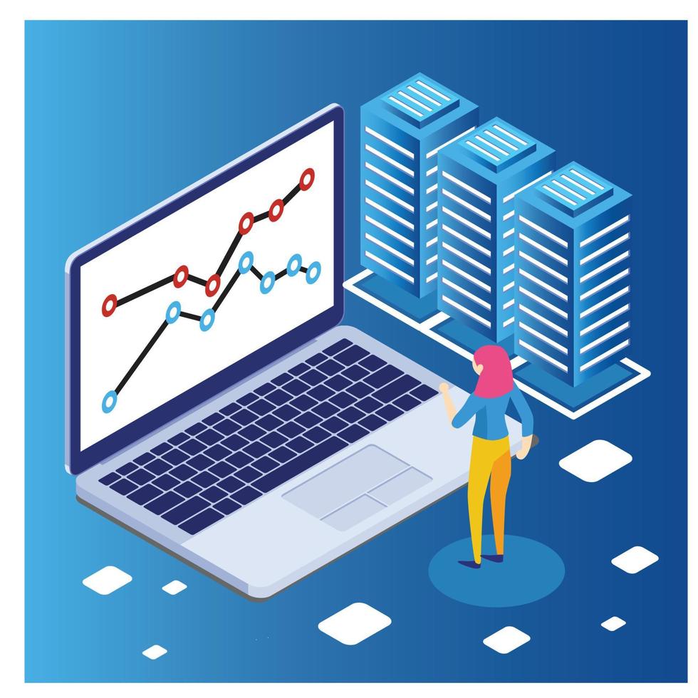 Internet datacenter connection, administrator of web hosting concept. Character and text for services. Tech repair center hardware software database for safe server. Flat isometric vector illustration