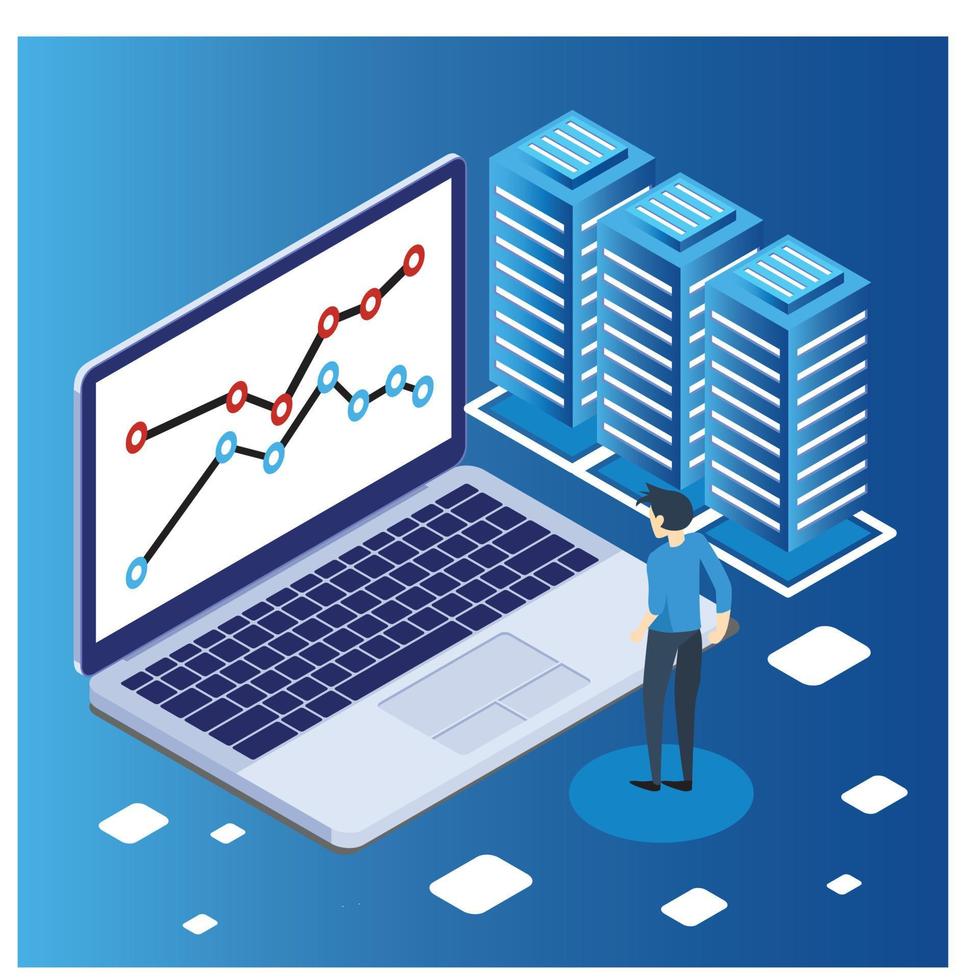 Internet datacenter connection, administrator of web hosting concept. Character and text for services. Tech repair center hardware software database for safe server. Flat isometric vector illustration